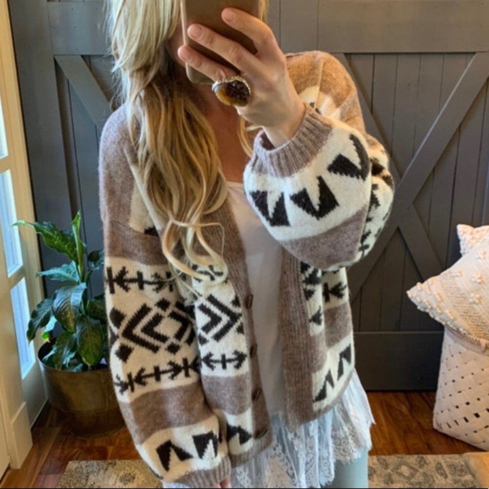 New Cowichan Print Native Knit Wool Cardigan Sweater Button Front V-Neck Top - Picture 6 of 7